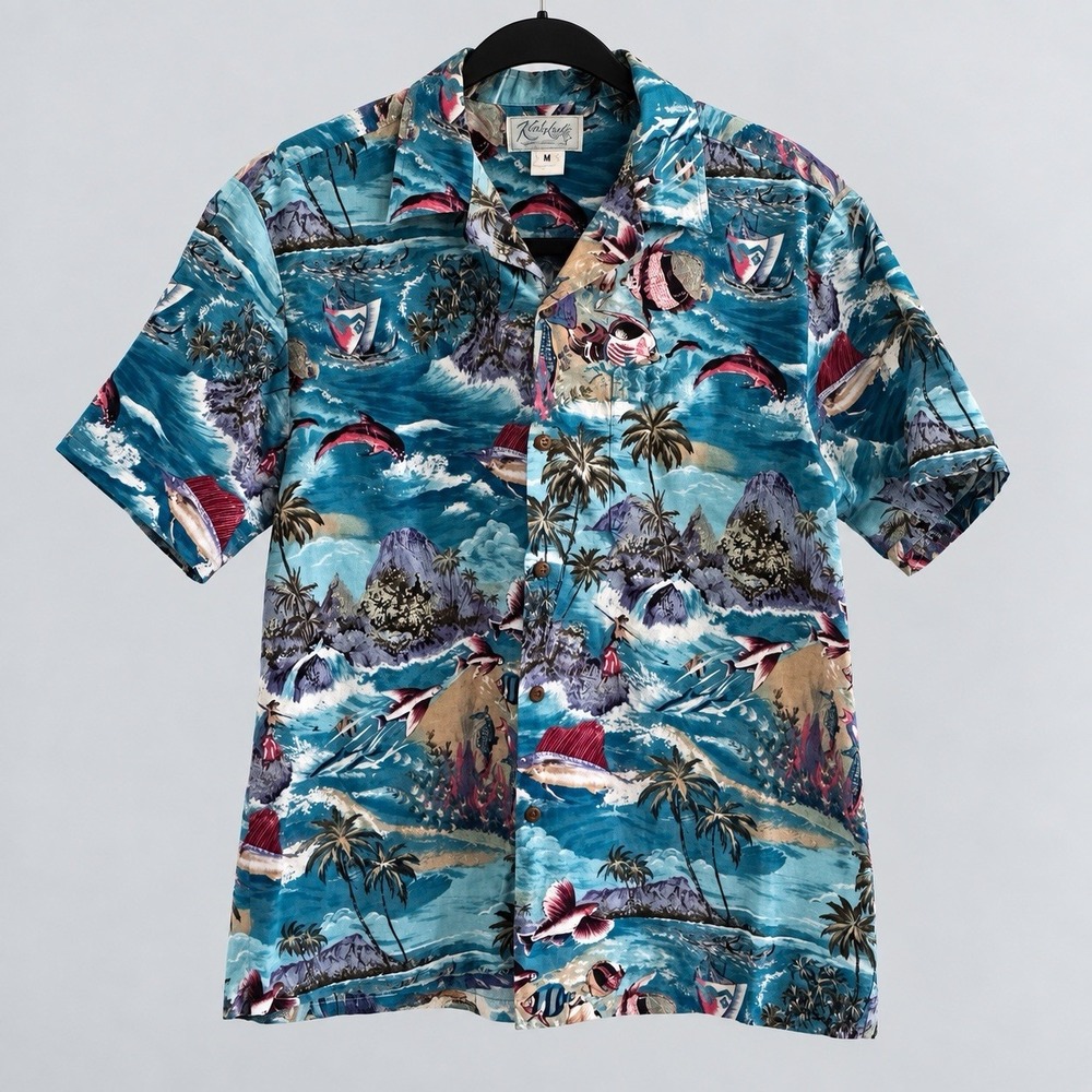 Vintage Kolekole Men's M Hawaiian Shirt Tropical Fish Dolphin Hawaii USA